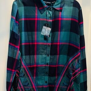 Tolani Collection Plaid Button-Up Embroidered Shirt with Pink Green and black-
